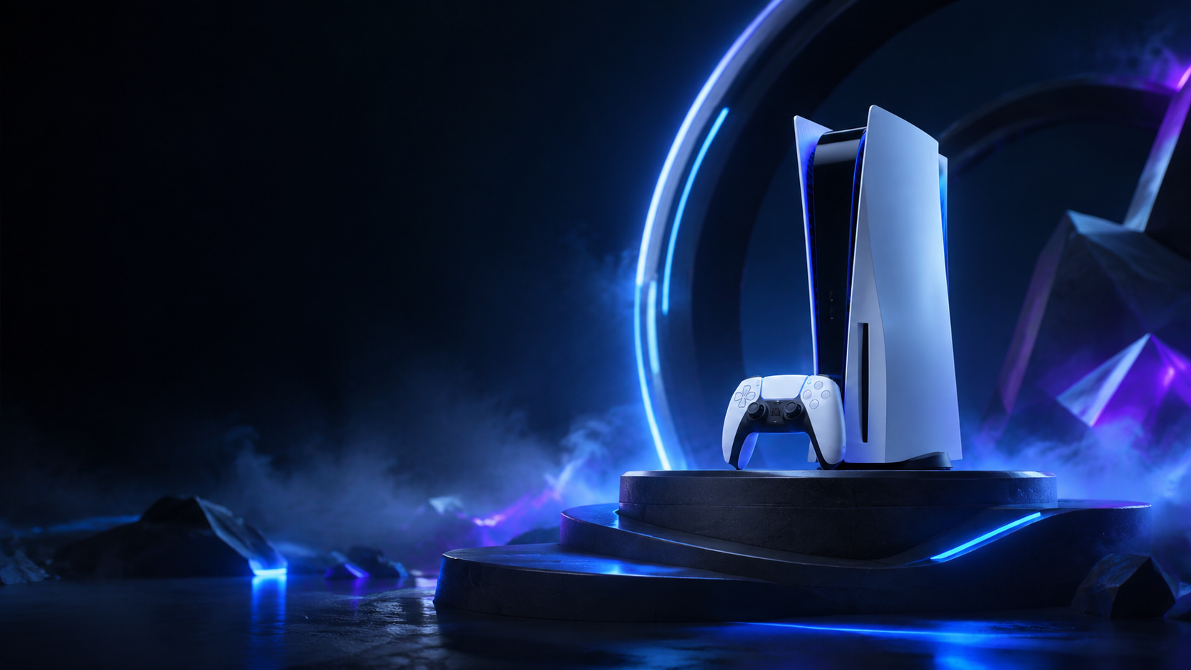 A next-generation console and controller in a blue-lit gaming room
